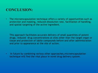 CONCLUSION:   The microencapsulation technique offers a variety of opportunities such as protection and masking, reduced dissolution rate, facilitation of handling, and spatial targeting of the active ingredient. This approach facilitates accurate delivery of small quantities of potent drugs, reduced  drug concentrations at sites other than the target organ or tissue and protection of labile compounds before and after administration and prior to appearance at the site of action. In future by combining various other approaches,microencapsulation technique will find the vital place in novel drug delivery system. 
