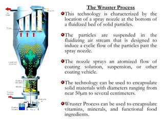 The Wruster Process
This technology is characterized by the
location of a spray nozzle at the bottom of
a fluidized bed of solid particles.
The particles are suspended in the
fluidizing air stream that is designed to
induce a cyclic flow of the particles past the
spray nozzle.
The nozzle sprays an atomized flow of
coating solution, suspension, or other
coating vehicle.
The technology can be used to encapsulate
solid materials with diameters ranging from
near 50µm to several centimeters.
Wruster Process can be used to encapsulate
vitamins, minerals, and functional food
ingredients.
 