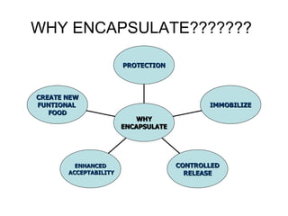 WHY ENCAPSULATE???????

                       PROTECTION




CREATE NEW
FUNTIONAL                                   IMMOBILIZE
   FOOD
                          WHY
                       ENCAPSULATE




         ENHANCED                    CONTROLLED
       ACCEPTABILITY                   RELEASE
 
