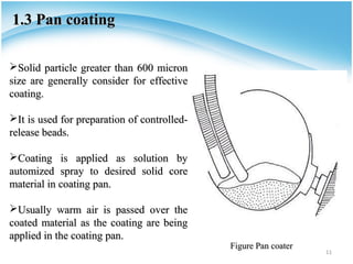 1.3 Pan coating

Solid particle greater than 600 micron
size are generally consider for effective
coating.

It is used for preparation of controlled-
release beads.

Coating is applied as solution by
automized spray to desired solid core
material in coating pan.

Usually warm air is passed over the
coated material as the coating are being
applied in the coating pan.
                                             Figure Pan coater
                                                                 11
 