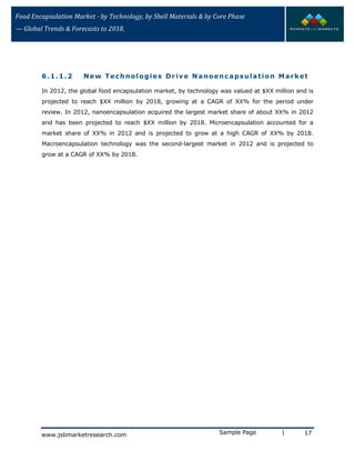 Food Encapsulation Market - by Technology, by Shell Materials & by Core Phase
— Global Trends & Forecasts to 2018.
6.1.1.2 New Technologies Drive Nanoencapsulation Market
In 2012, the global food encapsulation market, by technology was valued at $XX million and is
projected to reach $XX million by 2018, growing at a CAGR of XX% for the period under
review. In 2012, nanoencapsulation acquired the largest market share of about XX% in 2012
and has been projected to reach $XX million by 2018. Microencapsulation accounted for a
market share of XX% in 2012 and is projected to grow at a high CAGR of XX% by 2018.
Macroencapsulation technology was the second-largest market in 2012 and is projected to
grow at a CAGR of XX% by 2018.
Sample Page | 17www.jsbmarketresearch.com
 