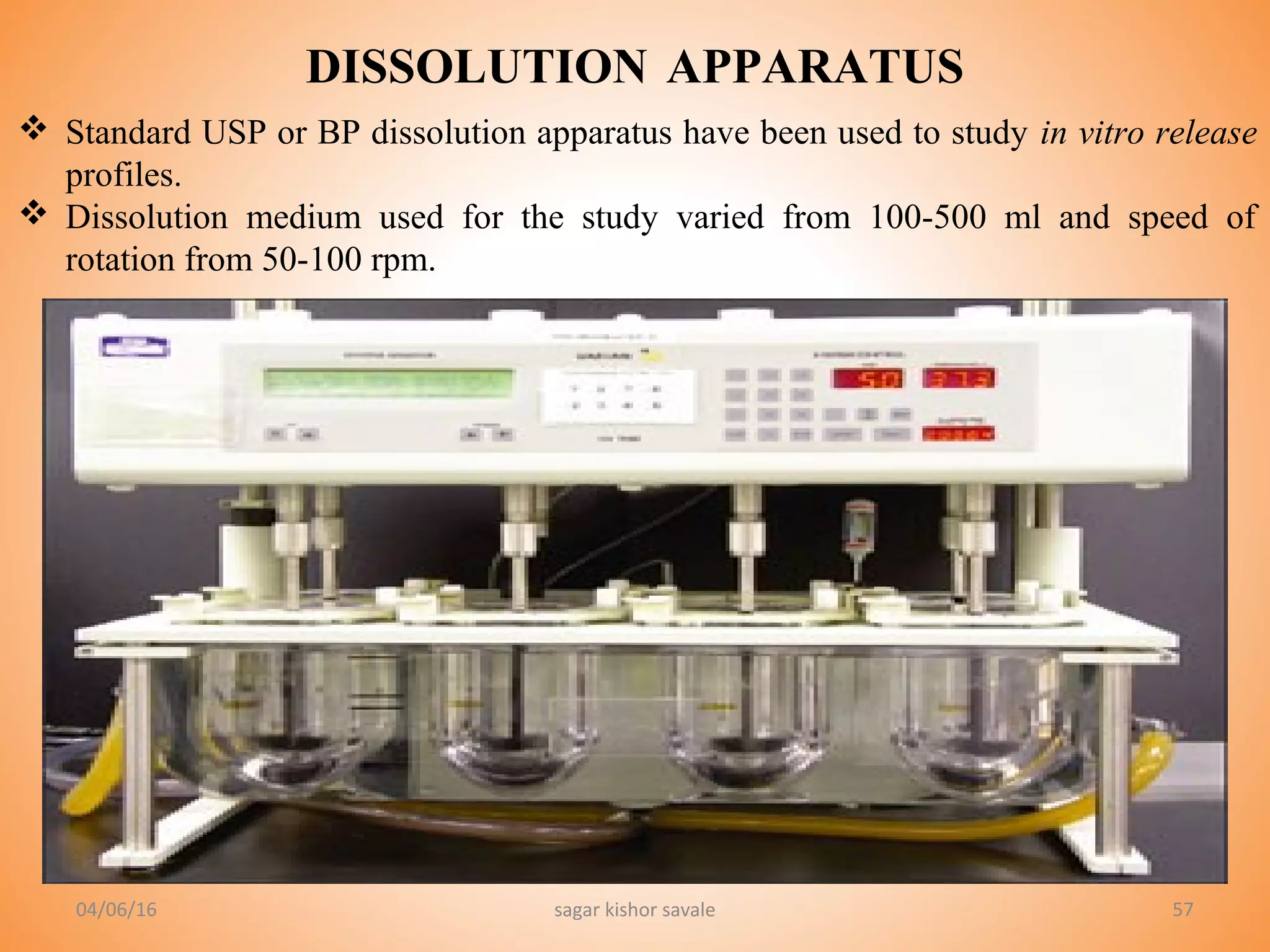 57
 Standard USP or BP dissolution apparatus have been used to study in vitro release
profiles.
 Dissolution medium used for the study varied from 100-500 ml and speed of
rotation from 50-100 rpm.
04/06/16 sagar kishor savale
DISSOLUTION APPARATUS
 
