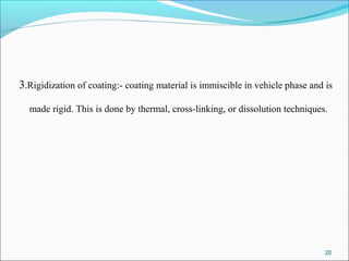 3.Rigidization of coating:- coating material is immiscible in vehicle phase and is
made rigid. This is done by thermal, cross-linking, or dissolution techniques.
20
 
