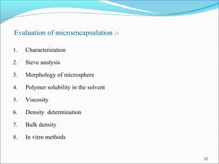 Evaluation of microencapsulation :-
1. Characterization
2. Sieve analysis
3. Morphology of microsphere
4. Polymer solubility in the solvent
5. Viscosity
6. Density determination
7. Bulk density
8. In vitro methods
32
 