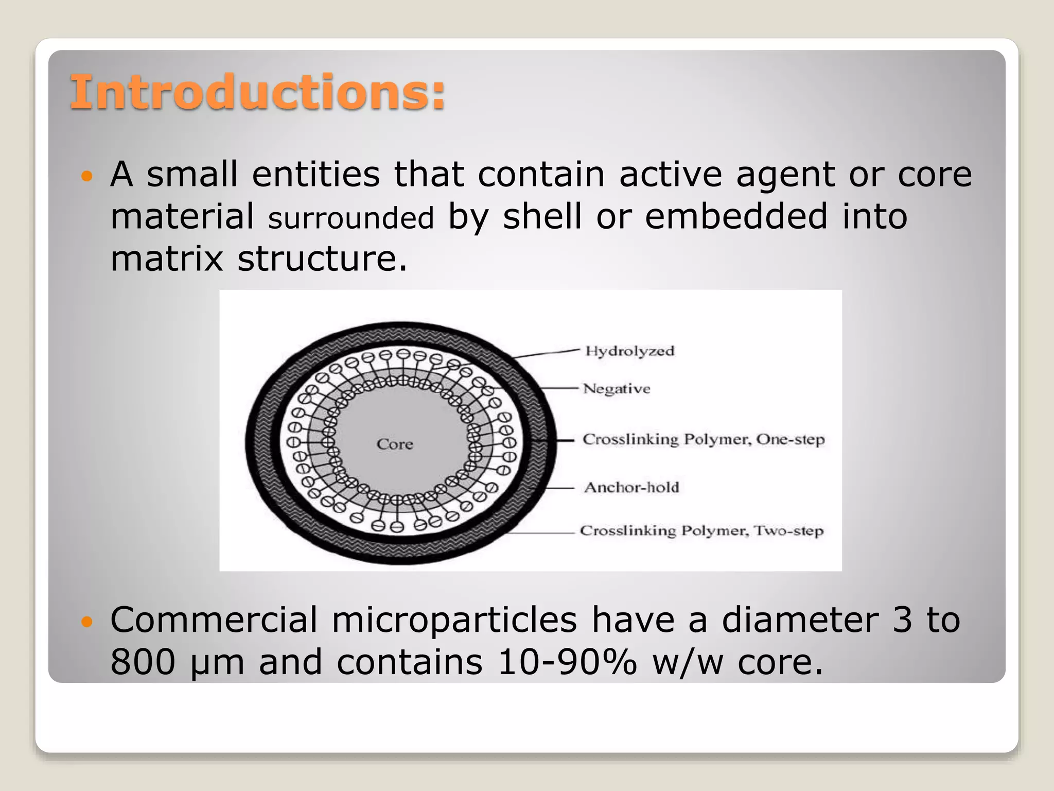 Introductions:
 A small entities that contain active agent or core
material surrounded by shell or embedded into
matrix structure.
 Commercial microparticles have a diameter 3 to
800 µm and contains 10-90% w/w core.
 