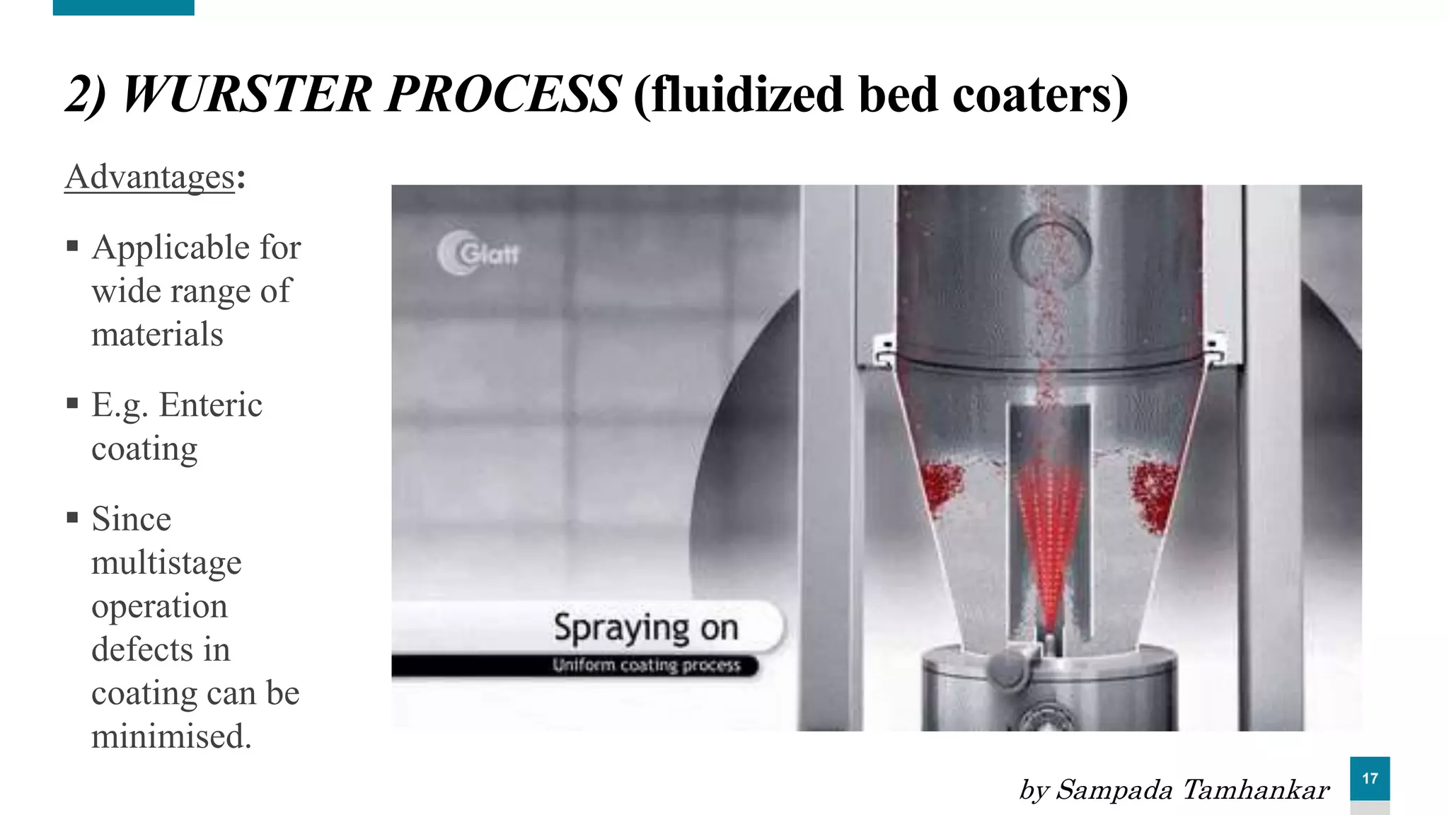 17
2) WURSTER PROCESS (fluidized bed coaters)
Advantages:
 Applicable for
wide range of
materials
 E.g. Enteric
coating
 Since
multistage
operation
defects in
coating can be
minimised.
by Sampada Tamhankar
 