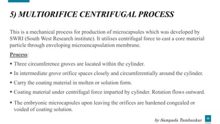 23
5) MULTIORIFICE CENTRIFUGAL PROCESS
This is a mechanical process for production of microcapsules which was developed by
SWRI (South West Research institute). It utilises centrifugal force to cast a core material
particle through enveloping microencapsulation membrane.
Process:
 Three circumference groves are located within the cylinder.
 In intermediate grove orifice spaces closely and circumferentially around the cylinder.
 Carry the coating material in molten or solution form.
 Coating material under centrifugal force imparted by cylinder. Rotation flows outward.
 The embryonic microcapsules upon leaving the orifices are hardened congealed or
voided of coating solution.
by Sampada Tamhankar
 