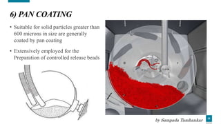 25
6) PAN COATING
• Suitable for solid particles greater than
600 microns in size are generally
coated by pan coating
• Extensively employed for the
Preparation of controlled release beads
by Sampada Tamhankar
 