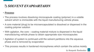 28
7) SOLVENT EVAPOARTAION
• Process:
• The process involves dissolving microcapsule coating (polymer) in a volatile
solvent which is immiscible with the liquid manufacturing vehicle phase.
• A core material (drug) to be microencapsulated is dissolved or dispersed in the
coating polymer solution
• With agitation, the core – coating material mixture is dispersed in the liquid
manufacturing vehicle phase to obtain appropriate size microcapsules
• Agitation of system is continued until the solvent partitions into the aqueous
phase and is removed by evaporation
• This process results in hardened microspheres which contain the active moiety
by Sampada Tamhankar
 