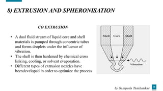 30
8) EXTRUSION AND SPHERONISATION
CO EXTRUSION
• A dual fluid stream of liquid core and shell
materials is pumped through concentric tubes
and forms droplets under the influence of
vibration.
• The shell is then hardened by chemical cross
linking, cooling, or solvent evaporation.
• Different types of extrusion nozzles have
beendeveloped in order to optimize the process
by Sampada Tamhankar
 