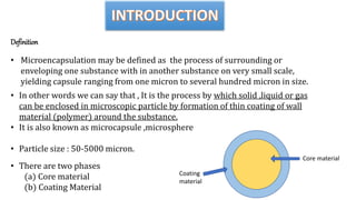 Definition
• Microencapsulation may be defined as the process of surrounding or
enveloping one substance with in another substance on very small scale,
yielding capsule ranging from one micron to several hundred micron in size.
• In other words we can say that , It is the process by which solid ,liquid or gas
can be enclosed in microscopic particle by formation of thin coating of wall
material (polymer) around the substance.
• It is also known as microcapsule ,microsphere
• Particle size : 50-5000 micron.
• There are two phases
(a) Core material
(b) Coating Material
Core material
Coating
material
 