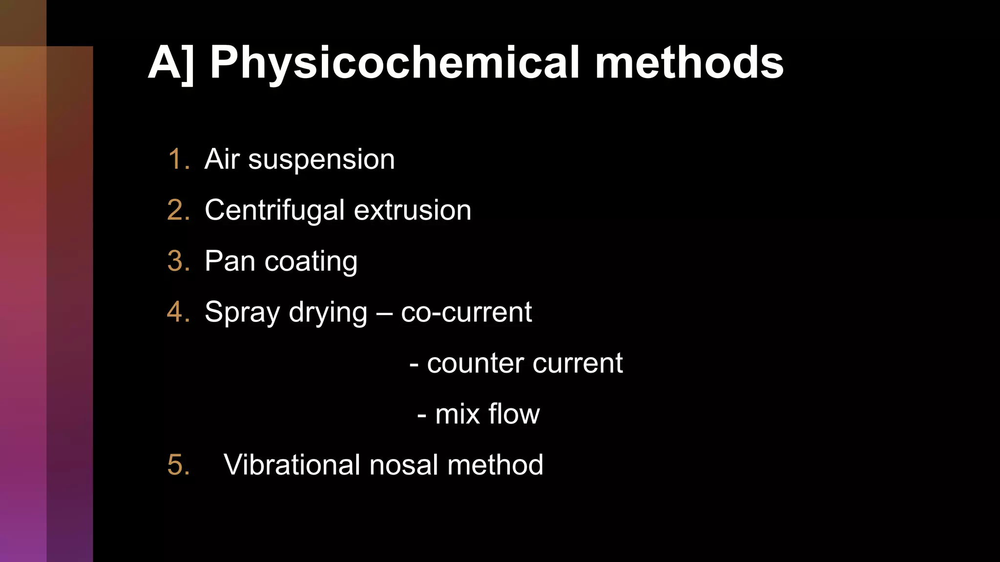 A] Physicochemical methods
1. Air suspension
2. Centrifugal extrusion
3. Pan coating
4. Spray drying – co-current
- counter current
- mix flow
5. Vibrational nosal method
 