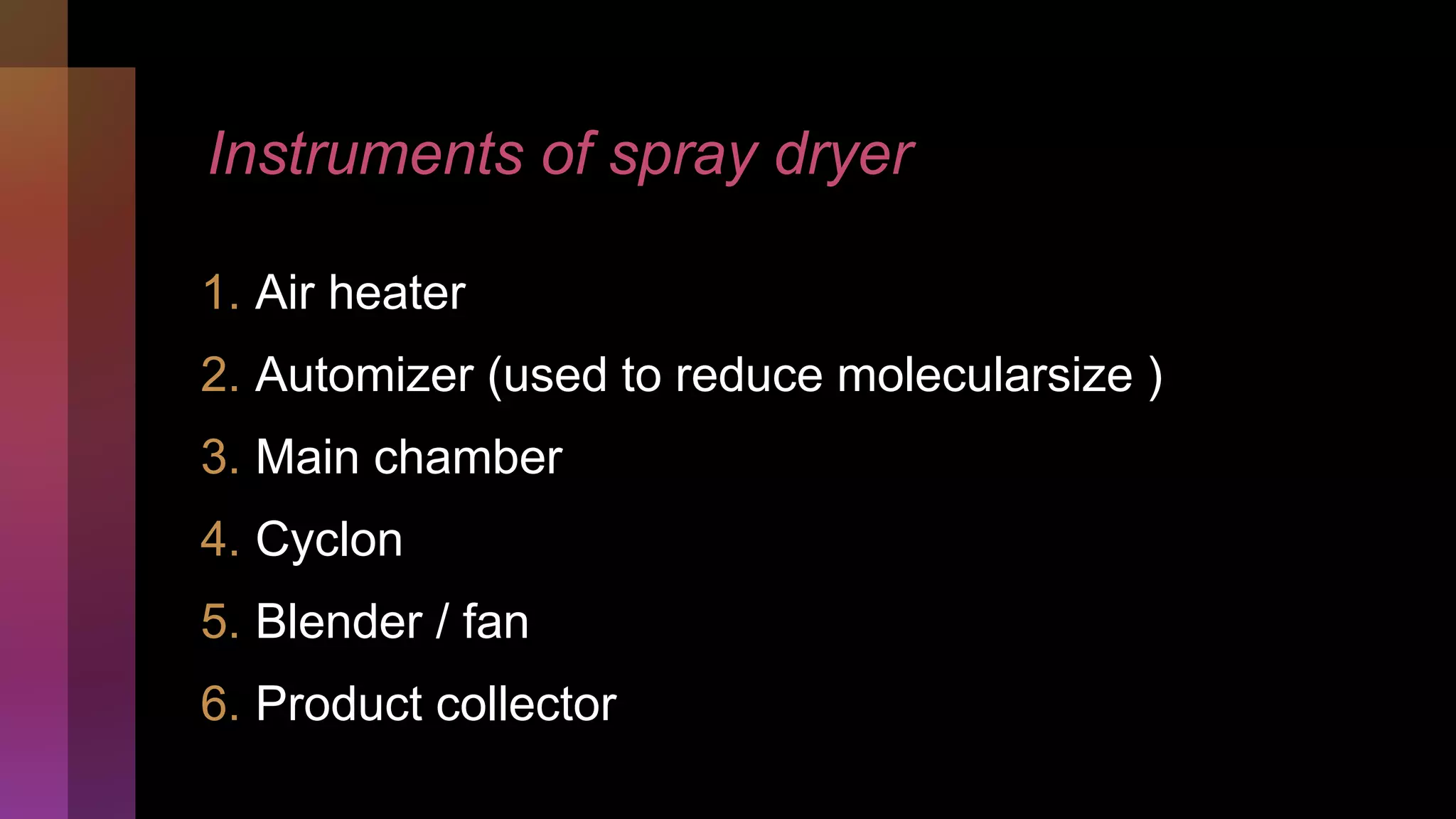 Instruments of spray dryer
1. Air heater
2. Automizer (used to reduce molecularsize )
3. Main chamber
4. Cyclon
5. Blender / fan
6. Product collector
 