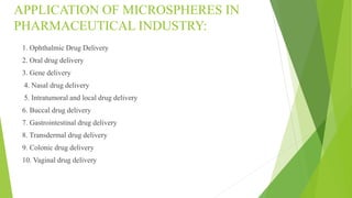 APPLICATION OF MICROSPHERES IN
PHARMACEUTICAL INDUSTRY:
1. Ophthalmic Drug Delivery
2. Oral drug delivery
3. Gene delivery
4. Nasal drug delivery
5. Intratumoral and local drug delivery
6. Buccal drug delivery
7. Gastrointestinal drug delivery
8. Transdermal drug delivery
9. Colonic drug delivery
10. Vaginal drug delivery
 