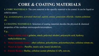 CORE & COATING MATERIALS
1. CORE MATERIALS: The core material is the specific material to be coated. It can be liquid or
solid in nature.
E.g., acetaminophen, activated charcoal, aspirin, urease, potassium chloride, vitamin palmitate
etc.
2. COATING MATERIALS: Selection of coating materials decides the physical & chemical
properties of the resultant microcapsule/microsphere.
E.g.,
a. Water soluble resins: gelatine, starch, polyvinyl alcohol, polyacrylic acid, hydroxy
methylcellulose etc.
b. Water Insoluble resins:- ethyl cellulose, polyethylene, polymethacrylate, cellulose nitrate etc.
c. Waxes & lipids:- Paraffin, stearic acid, stearyl alcohol etc.
d. Enteric Resins:- Shellac, cellulose acetate phthalate (CAP), zein etc.
 