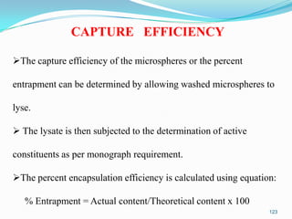 CAPTURE EFFICIENCY
The capture efficiency of the microspheres or the percent
entrapment can be determined by allowing washed microspheres to
lyse.
 The lysate is then subjected to the determination of active
constituents as per monograph requirement.

The percent encapsulation efficiency is calculated using equation:
% Entrapment = Actual content/Theoretical content x 100
123

 