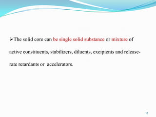 The solid core can be single solid substance or mixture of
active constituents, stabilizers, diluents, excipients and release-

rate retardants or accelerators.

15

 