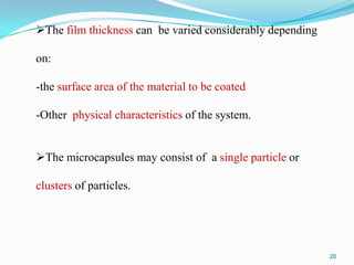The film thickness can be varied considerably depending
on:

-the surface area of the material to be coated
-Other physical characteristics of the system.
The microcapsules may consist of a single particle or
clusters of particles.

20

 