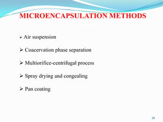MICROENCAPSULATION METHODS
 Air

suspension

 Coacervation phase separation
 Multiorifice-centrifugal process
 Spray drying and congealing
 Pan coating

29

 