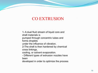 CO EXTRUSION
1- A dual fluid stream of liquid core and
shell materials is
pumped through concentric tubes and
forms droplets
under the influence of vibration.
2-The shell is then hardened by chemical
cross linkings,
cooling, or solvent evaporation.
- Different types of extrusion nozzles have
been
developed in order to optimize the process

70

 