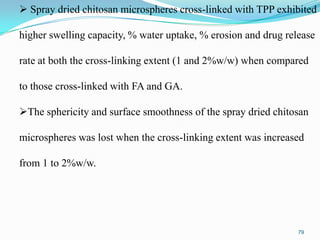  Spray dried chitosan microspheres cross-linked with TPP exhibited
higher swelling capacity, % water uptake, % erosion and drug release
rate at both the cross-linking extent (1 and 2%w/w) when compared
to those cross-linked with FA and GA.
The sphericity and surface smoothness of the spray dried chitosan
microspheres was lost when the cross-linking extent was increased
from 1 to 2%w/w.

79

 