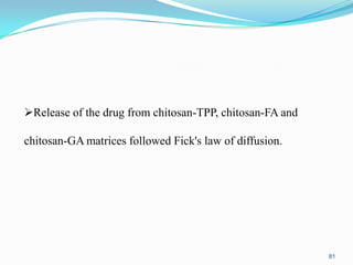 Release of the drug from chitosan-TPP, chitosan-FA and
chitosan-GA matrices followed Fick's law of diffusion.

81

 
