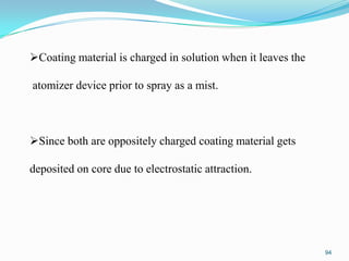 Coating material is charged in solution when it leaves the

atomizer device prior to spray as a mist.

Since both are oppositely charged coating material gets
deposited on core due to electrostatic attraction.

94

 