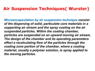 Microencapsulation by air suspension technique consist
of the dispersing of solid, particulate core materials in a
supporting air stream and the spray coating on the air
suspended particles. Within the coating chamber,
particles are suspended on an upward moving air stream.
The design of the chamber and its operating parameters
effect a recalculating flow of the particles through the
coating zone portion of the chamber, where a coating
material, usually a polymer solution, is spray applied to
the moving particles.
Air Suspension Techniques( Wurster)
 