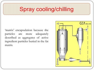 Spray cooling/chilling


‘matrix’ encapsulation because the
particles are more adequately
described as aggregates of active
ingredient particles buried in the fat
matrix
 
