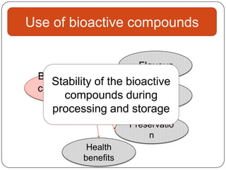 Use of bioactive compounds


                       Flavour
 Bioactive
    Stability of the bioactive
 compoun
    ds compounds during Colour
    processing and storage
                     Preservatio
                         n
           Health
          benefits
 