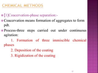  [1]Coacervation-phase separation:-
 Coacervation means formation of aggregates to form
pdt.
 Process-three steps carried out under continuous
agitation:
1. Formation of three immiscible chemical
phases
2. Deposition of the coating
3. Rigidization of the coating
17
 