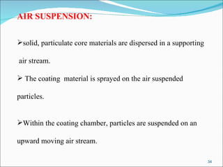 AIR SUSPENSION: solid, particulate core materials are dispersed in a supporting air stream.  The coating  material is sprayed on the air suspended  particles.  Within the coating chamber, particles are suspended on an  upward moving air stream. 