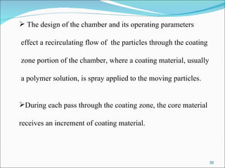 The design of the chamber and its operating parameters effect a recirculating flow of  the particles through the coating zone portion of the chamber, where a coating material, usually a polymer solution, is spray applied to the moving particles. During each pass through the coating zone, the core material  receives an increment of coating material.  