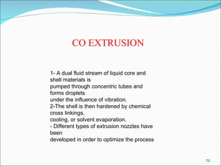 CO EXTRUSION 1- A dual fluid stream of liquid core and shell materials is pumped through concentric tubes and forms droplets under the influence of vibration. 2-The shell is then hardened by chemical cross linkings, cooling, or solvent evaporation. - Different types of extrusion nozzles have been developed in order to optimize the process 