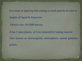 It is mean of applying thin coating to small particle of solid or
droplet of liquid & dispersion.
Particle size: 50-5000 micron.
It has 2 main phases: a) Core material b) Coating material
Also known as microcapsule, microsphere, coated granules,
pellets.
5
 