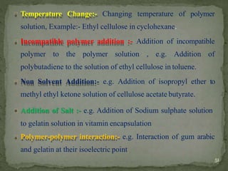Temperature Change:- Changing temperature of polymer
solution, Example:- Ethyl cellulose in cyclohexane.
Incompatible polymer addition :- Addition of incompatible
polymer to the polymer solution , e.g. Addition of
polybutadiene to the solution of ethyl cellulose in toluene.
Non Solvent Addition:- e.g. Addition of isopropyl ether to
methyl ethyl ketone solution of cellulose acetate butyrate.
Addition of Salt :- e.g. Addition of Sodium sulphate solution
to gelatin solution in vitamin encapsulation
Polymer-polymer interaction:- e.g. Interaction of gum arabic
and gelatin at their isoelectric point
51
 