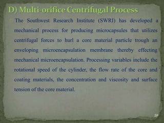 The Southwest Research Institute (SWRI) has developed a
mechanical process for producing microcapsules that utilizes
centrifugal forces to hurl a core material particle trough an
enveloping microencapsulation membrane thereby effecting
mechanical microencapsulation. Processing variables include the
rotational speed of the cylinder, the flow rate of the core and
coating materials, the concentration and viscosity and surface
tension of the core material.
52
 