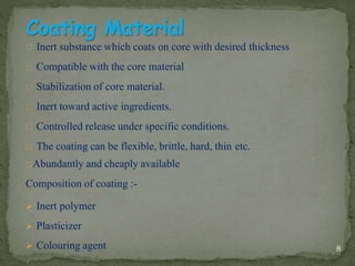 Inert substance which coats on core with desired thickness
Compatible with the core material
Stabilization of core material.
Inert toward active ingredients.
Controlled release under specific conditions.
The coating can be flexible, brittle, hard, thin etc.
Abundantly and cheaply available
Composition of coating :-
 Inert polymer
 Plasticizer
 Colouring agent 8
 