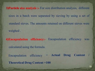 3)Particle size analysis :- For size distribution analysis, different
sizes in a batch were separated by sieving by using a set of
standard sieves. The amounts retained on different sieves were
Encapsulation efficiency was
85
weighed .
4)Encapsulation efficiency:-
calculated using the formula.
Encapsulation efficiency = Actual Drug Content /
Theoretical Drug Content ×100
 