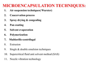 MICROENCAPSULATION TECHNIQUES:
1. Air suspension techniques( Wurster)
2. Coacervation process
3. Spray drying & congealing
4. Pan coating
5. Solvent evaporation
6. Polymerization
7. Multiorific-centrifugal
8. Extrusion
9. Single & double emulsion techniques
10. Supercritical fluid anti solvent method (SAS)
11. Nozzle vibration technology
 