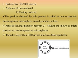• Particle size: 50-5000 micron.
• 2 phases: a) Core material
b) Coating material
The product obtained by this process is called as micro particles,
microcapsules, microsphere, coated granules, pellets..
 Particles having diameter between 3 - 800µm are known as micro
particles or microcapsules or microspheres.
 Particles larger than 1000µm are known as Macroparticles .
 