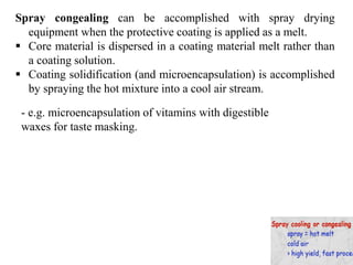 Spray congealing can be accomplished with spray drying
equipment when the protective coating is applied as a melt.
 Core material is dispersed in a coating material melt rather than
a coating solution.
 Coating solidification (and microencapsulation) is accomplished
by spraying the hot mixture into a cool air stream.
- e.g. microencapsulation of vitamins with digestible
waxes for taste masking.
 