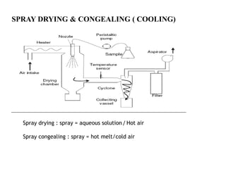 SPRAY DRYING & CONGEALING ( COOLING)
Spray drying : spray = aqueous solution / Hot air
Spray congealing : spray = hot melt/cold air
 
