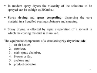 Spray drying and congealing
52
Dispersing the core material in a
liquefied coating Substance /spraying
or introducing the...