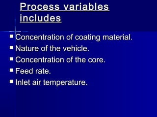 Process variables
    includes
 Concentration of coating material.
 Nature of the vehicle.

 Concentration of the core.

 Feed rate.

 Inlet air temperature.
 