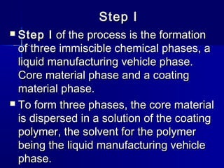 Step I
 Step I of the process is the formation
  of three immiscible chemical phases, a
  liquid manufacturing vehicle phase.
  Core material phase and a coating
  material phase.
 To form three phases, the core material
  is dispersed in a solution of the coating
  polymer, the solvent for the polymer
  being the liquid manufacturing vehicle
  phase.
 