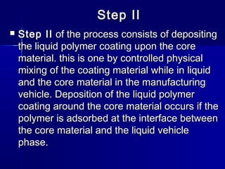 Step II
   Step II of the process consists of depositing
    the liquid polymer coating upon the core
    material. this is one by controlled physical
    mixing of the coating material while in liquid
    and the core material in the manufacturing
    vehicle. Deposition of the liquid polymer
    coating around the core material occurs if the
    polymer is adsorbed at the interface between
    the core material and the liquid vehicle
    phase.
 