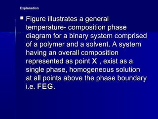 Explanation


   Figure illustrates a general
    temperature- composition phase
    diagram for a binary system comprised
    of a polymer and a solvent. A system
    having an overall composition
    represented as point X , exist as a
    single phase, homogeneous solution
    at all points above the phase boundary
    i.e. FEG .
 