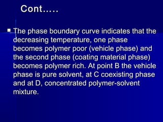 Cont…..

   The phase boundary curve indicates that the
    decreasing temperature, one phase
    becomes polymer poor (vehicle phase) and
    the second phase (coating material phase)
    becomes polymer rich. At point B the vehicle
    phase is pure solvent, at C coexisting phase
    and at D, concentrated polymer-solvent
    mixture.
 