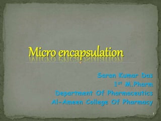 Saran Kumar Das
1st M.Pharm
Department Of Pharmaceutics
Al-Ameen College Of Pharmacy
1
 